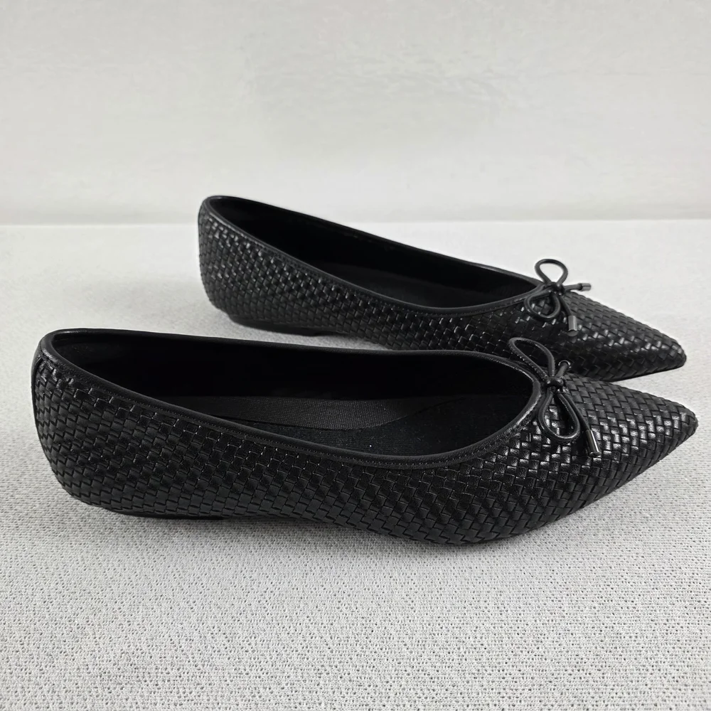 Enfiis Black Woven Patterned Vegan Pointed Toe Ballet Flats Women's 10